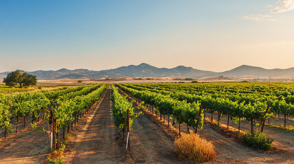 Fototapeta premium vineyard. Golden hour vineyard landscape with rows of grapevines extending toward rolling hills, travel magazines, destination branding, designed for outdoor magazines and nature guides. 