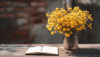 Yellow flowers in vase, open book on rustic table