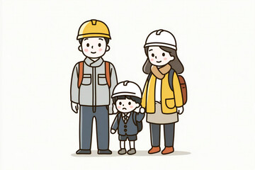 ヘルメットをかぶった家族のイラスト、防災と安全のコンセプト