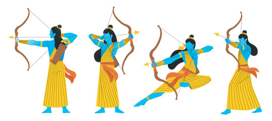 Lord Rama character set with different archery poses. Indian deity in various angles aiming the target