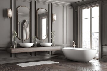 Dark gray, elegant bathroom with a soaking tub and double sinks
