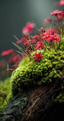 Close-up of vibrant pink flowers nestled in lush green moss on a weathered log