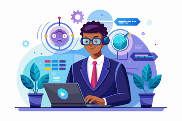 Futuristic AI Technology Holographic Interface with Data Analytics on Laptop Workspace