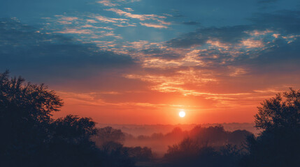 Obraz premium Serene sunrise illuminating a picturesque landscape with soft mist and silhouetted trees against a vibrant sky filled with clouds and warm colors reflecting the dawn.