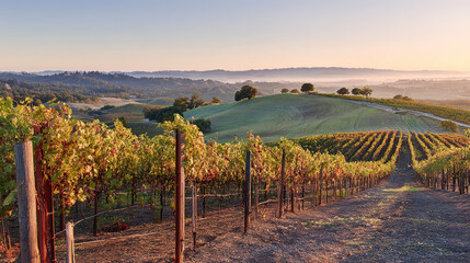Fototapeta premium vineyard. Golden hour vineyard landscape with rows of grapevines extending toward rolling hills, travel magazines, destination branding, designed for outdoor magazines and nature guides. 