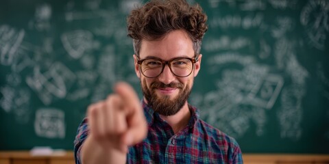 The enthusiastic teacher pointing towards the viewer in a vibrant classroom setting.