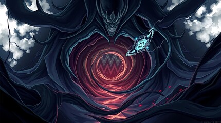 "Dark ominous void graphic, glowing swirling abyss, isolated on white background, PNG cutout."