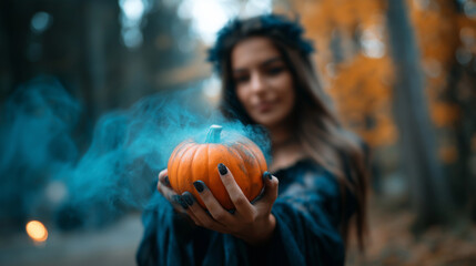 Young woman witch costume magical blue smoke pumpkin pointing finger Halloween photography witch makeup tutorial blurred background with copy space