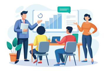 Obraz premium Vector cartoon illustration of business people in a formal suit meeting as a team in a bright office, using a computer to achieve success