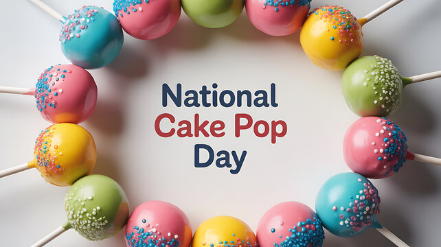 Colorful cake pops arranged in a circle with text celebrating National Cake Pop Day