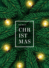 Merry Christmas poster with fir tree branches and retro 3d light bulb lamps. Vector illustration. Place for text. Happy New Year 2026 background. Pine green texture, vintage border frame, gift card