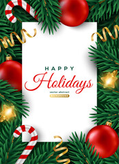 Merry Christmas Happy New Year poster, red 3d baubles, fir tree, candy cane, lights. Vector illustration. Winter holiday menu background template. Xmas confetti ribbon, Eve Noel card. Place for text.