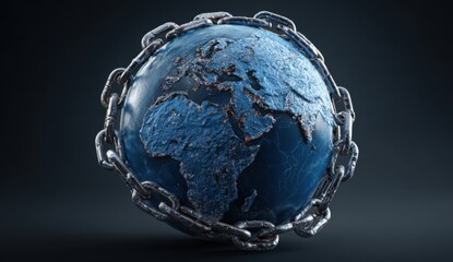 A globe, depicted in a deep blue, with continents outlined in a light bluish-gray, is encircled by heavy metal chains