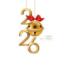Merry Christmas Happy New Year poster. Gold 3d 2026 numbers logo. Xmas small vintage jingle bell isolated on white background with red ribbon bow. Vector illustration. Minimal holiday decoration icon