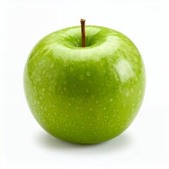 Bright green apple featuring a vibrant stem presented on a crisp white backdrop