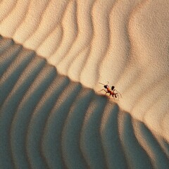 Tiny ant on textured sand dune