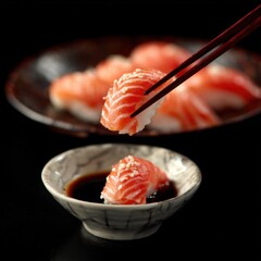 Salmon nigiri sushi being picked up with chopsticks