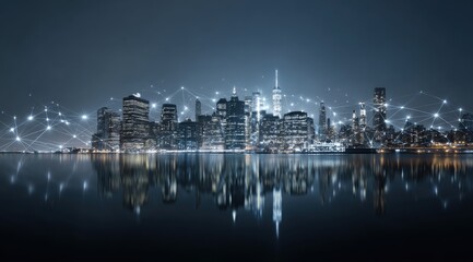 Night cityscape with digital network overlay
