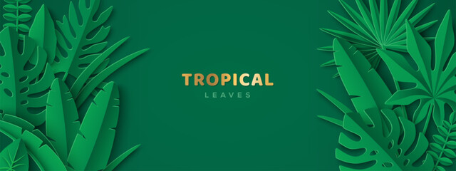 Tropical Leaves Summer Poster. Green Jungle Border Frame. Hawaiian vacation sale flyer template. Vector paper cut illustration. Palm silhouette cutout ecology modern banner. Rainforest tropic foliage