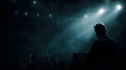 Fototapeta premium A silhouetted speaker stands at a podium illuminated by dramatic stage spotlights