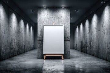 Empty canvas on easel in dark, concrete hallway