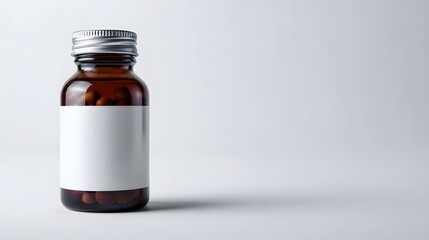 Amber glass bottle filled with small capsules and featuring a blank white label presented on a clean grey studio background