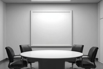 Meeting room, minimalist design.  Empty conference room with white board, round table, and black chairs