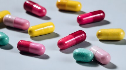 Assortment of colorful phar eutical capsules scattered on a neutral light gray surface