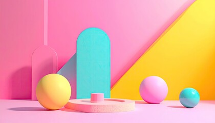 Pastel-colored spheres and geometric shapes on a pink platform against a vibrant pink, yellow, and light blue background
