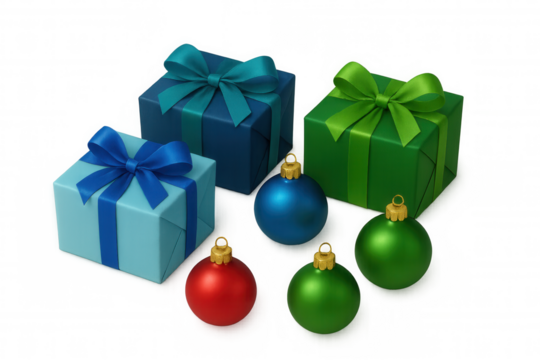 Festive gift boxes and christmas ornaments in vibrant colors for celebration or holiday on transparent background