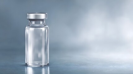 A clear glass vial with a silver cap on a soft neutral gradient background evoking medical and scientific themes