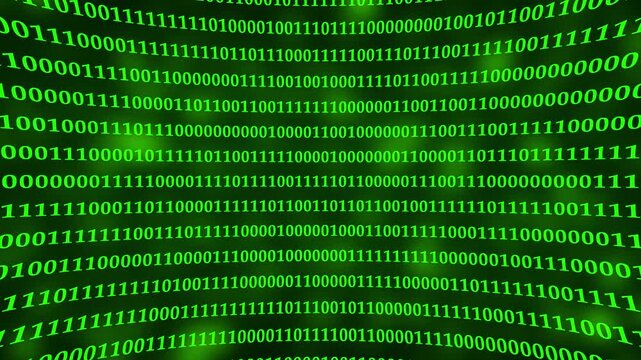 A close-up of a screen displaying binary code in green color. Rows of ones and zeros in a binary pattern create a digital data backdrop.