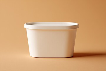 Blank white plastic food container on a muted orange background