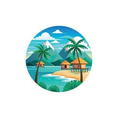 Tropical beach with palm trees, overwater bungalow, turquoise ocean, and mountains in the background, flat vector illustration in vibrant color