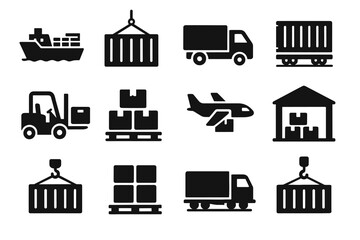 Airplane forklift logistics icon truck hook crane vector cargo container freight silhouette