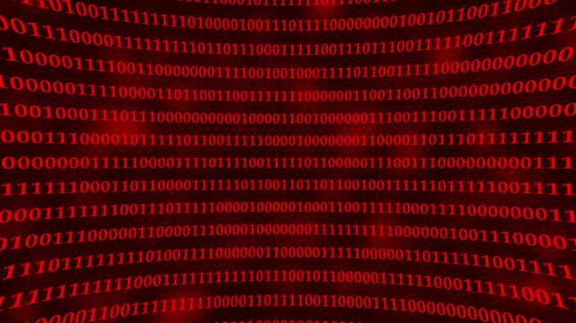 A close-up of a screen displaying binary code in red color. Rows of ones and zeros in a binary pattern create a digital data backdrop.