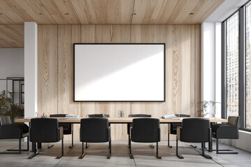 Modern meeting room with light wood paneling