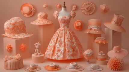 Elegant Stylish Women Hats and Fashion Gown Displays Showcasing Couture and Millinery Artistry