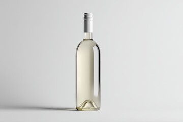A clear wine bottle, light beige color,  with white label and cap, on plain white background