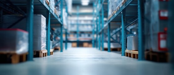 Spacious warehouse aisle with neatly organized shelves and floor lines guides way. industrial setting is well lit, showcasing clean and efficient storage environment