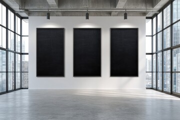 Three blank black canvases displayed on a white wall inside a loft-style gallery.  Large windows offer city views