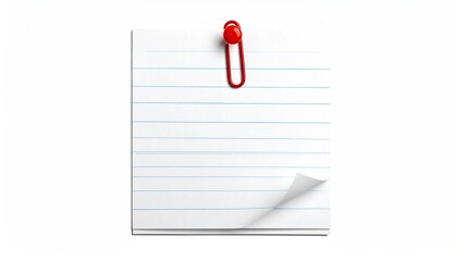 A blank, lined notepad with a red binder clip, is presented against a stark white background; a corner is playfully curled