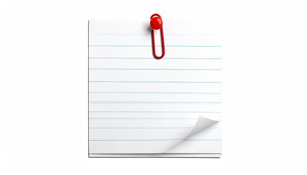 A blank, lined notepad with a red binder clip, is presented against a stark white background; a corner is playfully curled - Powered by Adobe