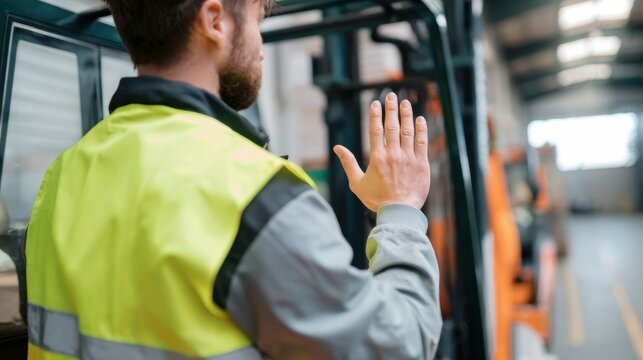 Worker in high visibility vest guides forklift using standardized hand signals in warehouse setting. scene emphasizes safety and communication in industrial environment