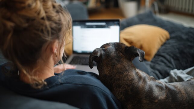 Woman and her dog are sitting on cozy couch, both focused on laptop screen. scene conveys sense of companionship and relaxation in home environment