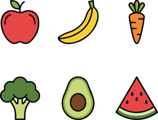 Healthy Food Icon Set with Fruits and Vegetables