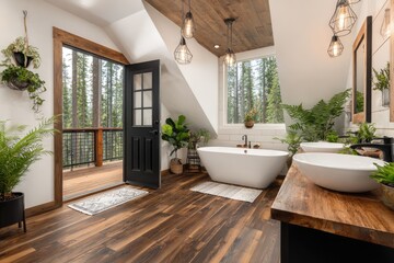 Light-filled bathroom with exposed beams, dark wood accents, and a view