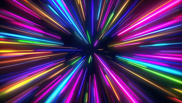 Vibrant, multicolored light streaks radiate outwards from a central point, creating a dynamic, fast-paced visual effect against a dark background