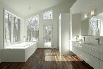 Modern bathroom with expansive windows.  Sunlight streams into a bright, minimalist space