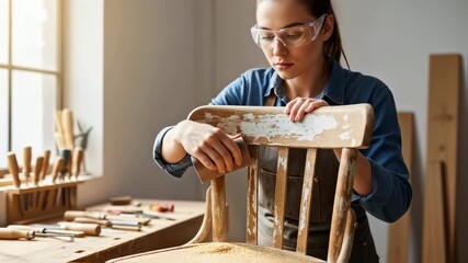 Woman woodworker sanding a chair in a workshop for furniture restoration, professional carpentry craft footage